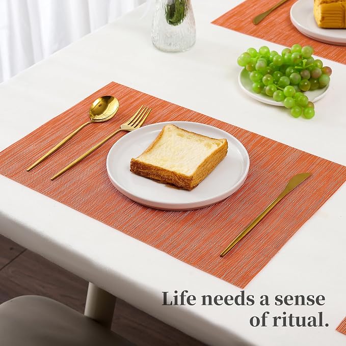Leetaltree Orange Placemats Set of 4 - Heat Resistant Non-Slip Place mats for Dining Table, Washable Durable PVC Vinyl Woven Table Mats（Orange, 4） - Image 6