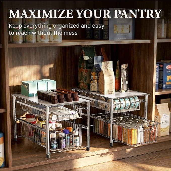 Simple Houseware Stackable 2 Tier Sliding Basket Organizer Drawer, Chrome - Image 7