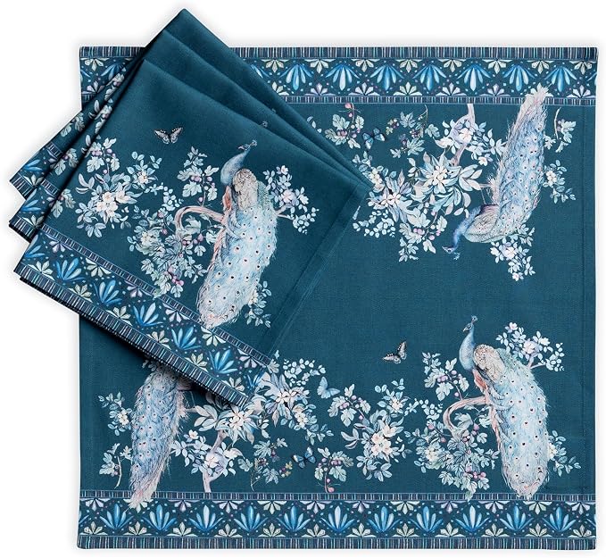 Maison d' Hermine Cloth Napkins Set of 4 100% Combed Cotton (20" x 20") | Everyday Square Napkins Cloth Washable Dinner Party Wedding Hotel Kitchen Spring Summer - Peacock Utopia - Deep Sea by MaisondHermine