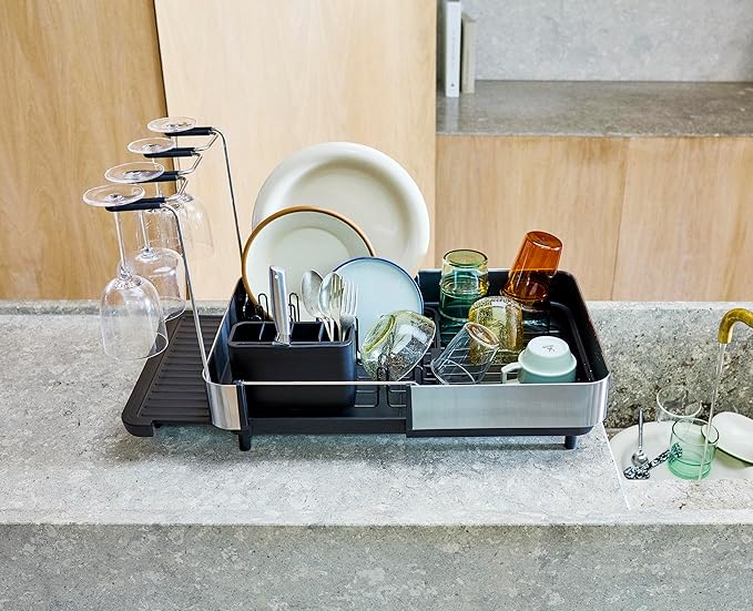 Joseph Joseph Extend Steel Plus Extendable Dish Rack Steel, Small to Large Dish Drainer with Wine Glass Holder & Drain Spout, Black - Image 3