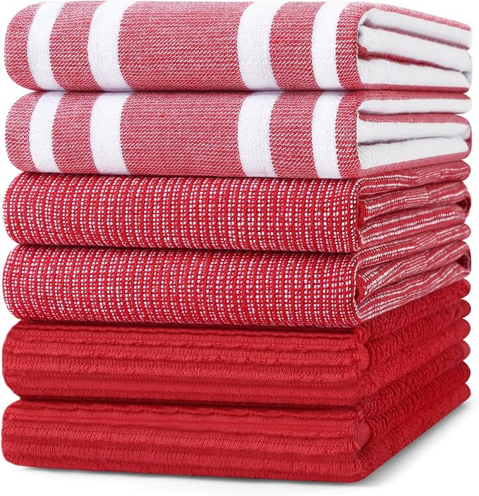Homaxy Cotton 380 GSM Premium Kitchen Towels, 18"x 28", 6 Pack, Red | Soft and Absorbent Terry Dish Towels, Multipurpose Tea Towel Set with Hanging Loop, 3 Styles Kitchen Hand Towels by Homaxy