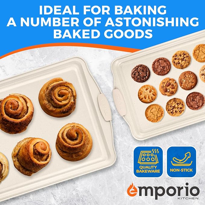 Emporio Kitchen Baking Pan Set - Nonstick Coating, Carbon Steel Bakeware Set with White Silicone Handle, PFOA, PFOS, PTFE Free, Recipe Booklet Included, Oven Safe Tray (Up To 450° F), Set of 3 - White - Image 7