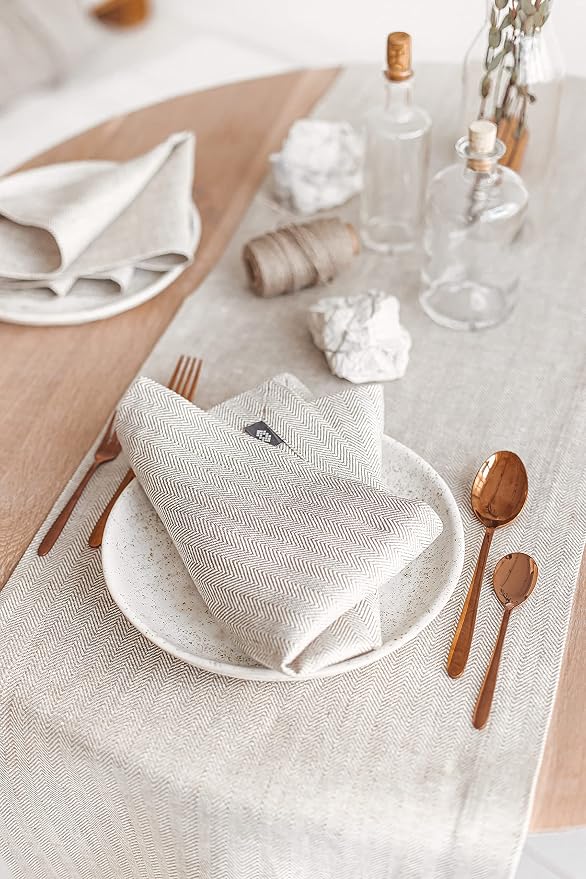 Pure 100% Flax Linen Napkins - Cloth Napkins set of 8 - White-Natural Herringbone 17x17-inch Napkins Cloth Washable - Reusable Fabric Dinner Table Napkins - Image 2