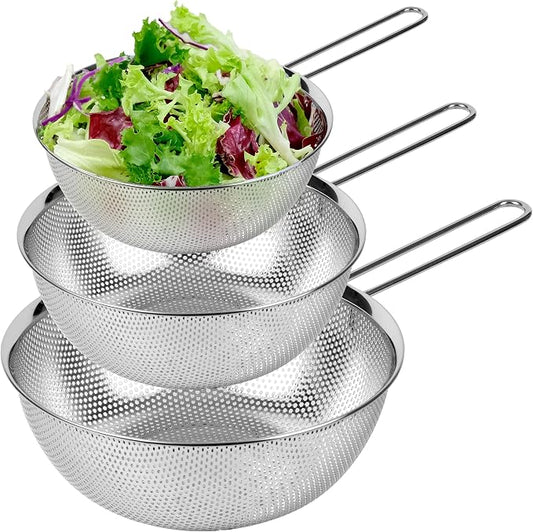 Premium 18/8 304 Stainless Steel Set of 3 – Micro-Perforated Strainer with Long Handle, Self-Draining Base for Pasta Rice Vegetables, 18/8 304 Heavy Duty (1.5, 2.5, 4 Qt) Made in Korea by COMPORTK
