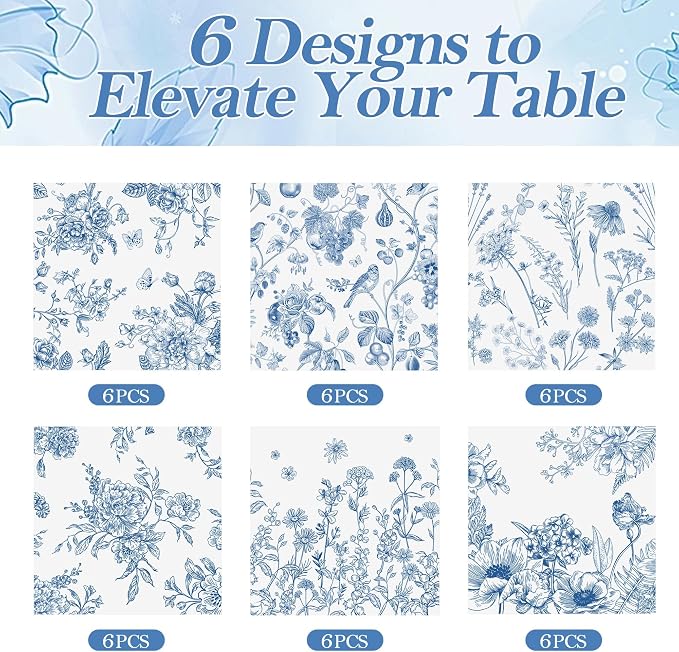 Kochorie 36 Pieces Blue Floral Cloth Napkins, 18 x 18 Inch Reusable Soft Fabric Napkins, Washable Flower Dinner Cocktail Napkin for Spring Summer Tea Party Holiday Home Kitchen Wedding Restaurant - Image 3