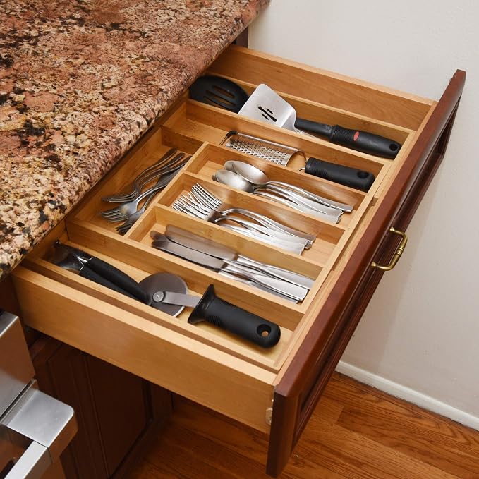 YBM HOME Pack of 6 Kitchen 100% Bamboo Utensil, Flatware, Cutlery Drawer Organizer Tray 340 (5 Compartment Adjustable) - Image 3