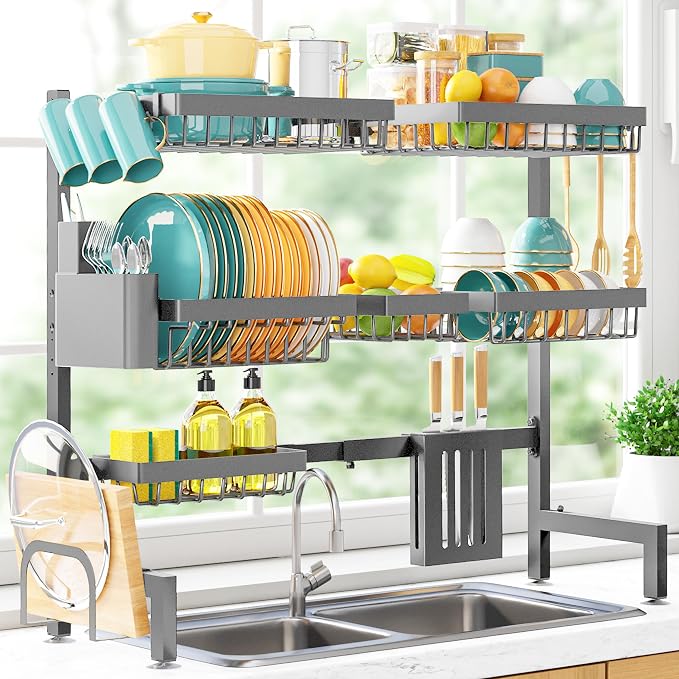 Sakugi Over The Sink Dish Drying Rack - Adjustable 3 Tier XX-Large Capacity Stainless Steel Drainer with Cutlery & Utensil Holders, Kitchen Storage & Organization, 31.5"-39.5"L x 12"W x 30.5"H, Gray by Sakugi