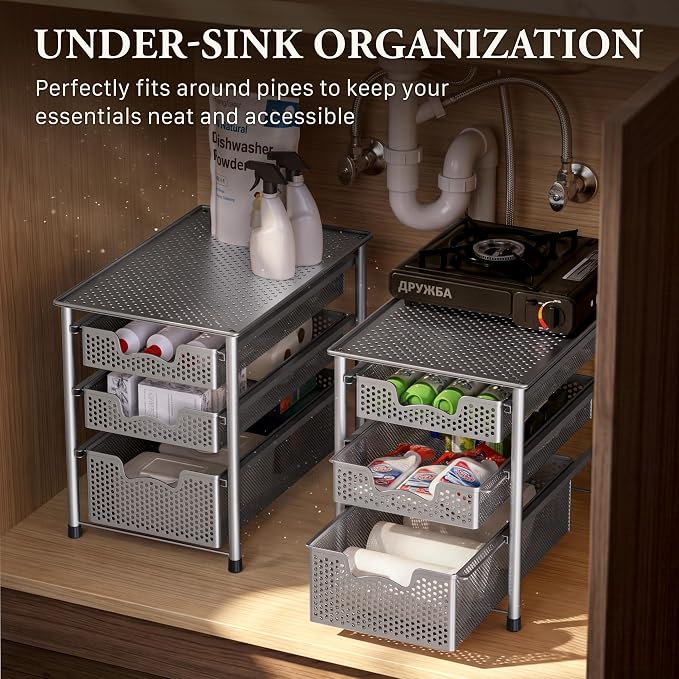 Simple Houseware Stackable 3 Tier Sliding Basket Organizer Drawer, Silver - Image 6