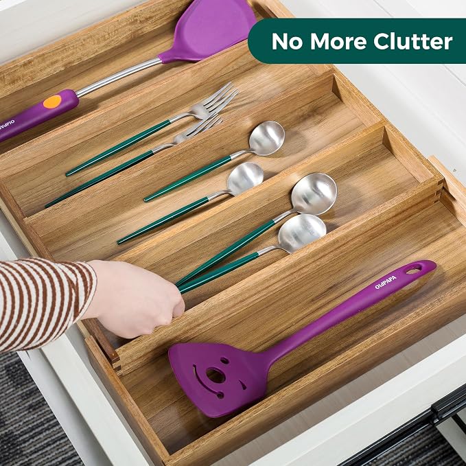 Utoplike Acacia Kitchen Drawer Organizer Expandable, Utensils Cutlery Tray | Large Silverware Divider for Knives, Flatware, Knives in Kitchen, Bedroom, Living Room, Adjustable 3-5 Slots - Image 2