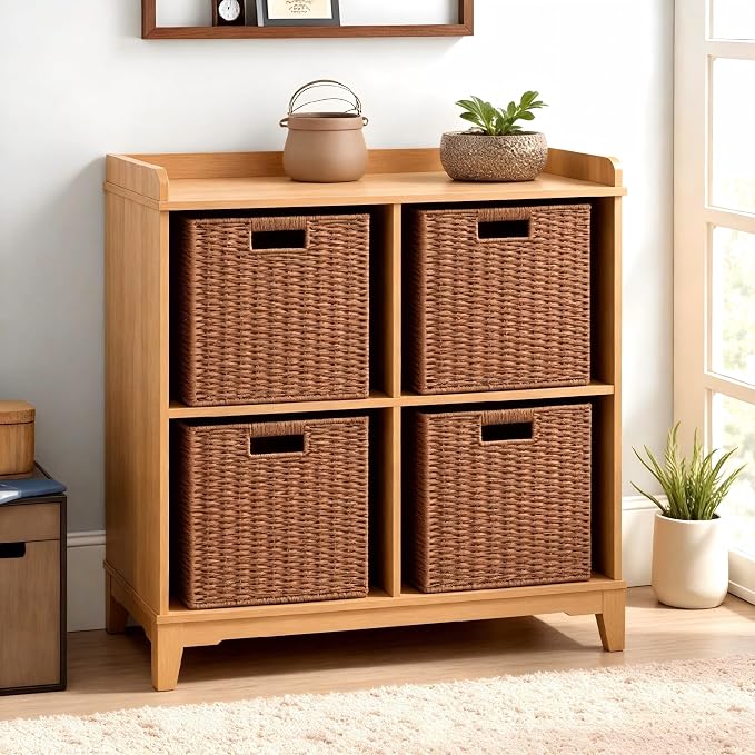 UBBCARE 3 Pack Wicker Basket, 11L×11H×10.5W inch Woven Paper Rope Storage Baskets for Shelves, Foldable Cube Storage bin with Handle, Storage Basket for Organizing & Decor,Caramel - Image 4