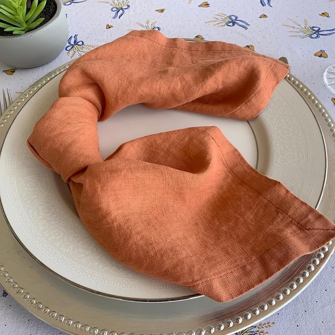 Linen Napkins –100% French Flax – Stonewashed Pure Linen Cloth Napkins - Size 18 Inch x 18 Inch – Set of 4 (Rustic Orange) - Image 2