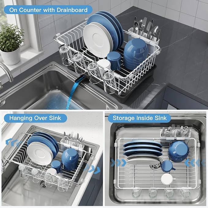 JASIWAY White Dish Drying Rack in Sink with Drainboard and Utensil Holder | Use Over the Sink or Counter, Stainless Steel Expandable Dish Drainer for Small Kitchen, Space Saving, Fast Drain, Rustproof - Image 2