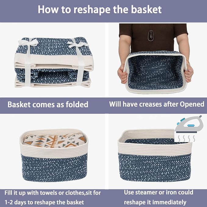 XUANGUO Woven Cotton Rope Storage Baskets 15x10x9.3" 3 Pack White and Blue | Decorative rectangular storage baskets for shelves and closets; storage bins organize clothes, toys, books and nursery items. - Image 7