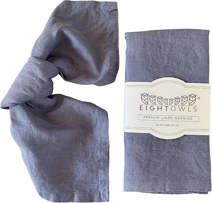 Linen Napkins –100% French Flax – Stonewashed Pure Linen Cloth Napkins - Size 18 Inch x 18 Inch – Set of 4 (Soft Rustic Blue) by EightOwls