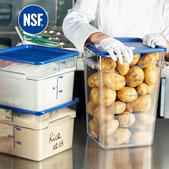 4-Pack Food Storage Containers with Blue Lids - 12 Qt & 22 Qt Square Clear Polycarbonate - NSF Listed, Commercial Grade, Freezer & Dishwasher Safe, Stackable - Image 2