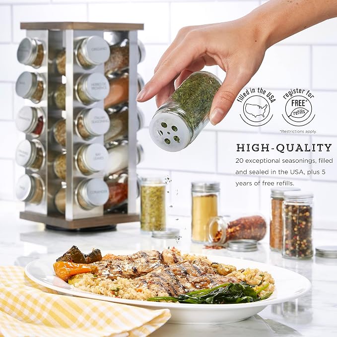 Kamenstein 20 Jar Vintage Revolving Countertop Spice Rack Organizer with Spices Included, FREE Spice Refills for 5 Years, Wood and Stainless Steel with Metal Caps (Pack of 2) - Image 2