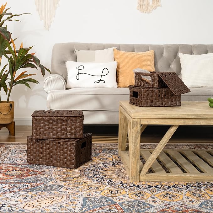 Granny Says Wicker Basket With Lid, Decorative Storage Baskets For Shelves | Woven Baskets With Lids, Wicker Baskets For Storage, Decorative Storage Boxes, Woven Stackable Basket with Lid for Organizing - Image 6
