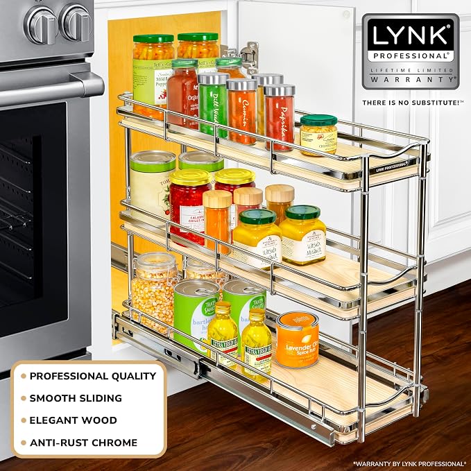 LYNK Élite 3-Tier Spice Rack Organizer Cabinet, Pull Out Spice Rack | 6 x 21" Élite wood and chrome 2-Tier pull-out spice rack organizer for bottles, jars and seasonings. - Image 2