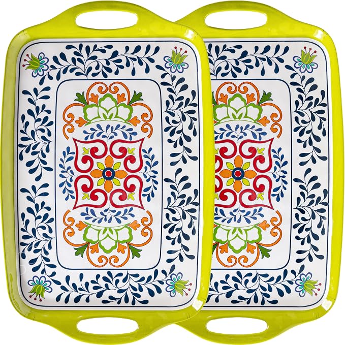 Large Serving Platter with Handles,19”x12”Large Rectangular Melamine Serving Tray Set of 2, Kitchen Food and BBQ Serving Platter, Talavera Grilling Prep and Serve Tray, Dishwasher Safe by ZAROCRUS
