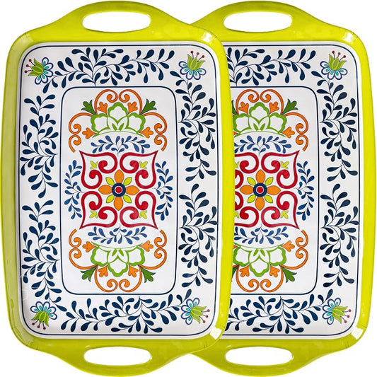 Large Serving Platter with Handles,19”x12”Large Rectangular Melamine Serving Tray Set of 2, Kitchen Food and BBQ Serving Platter, Talavera Grilling Prep and Serve Tray, Dishwasher Safe by ZAROCRUS