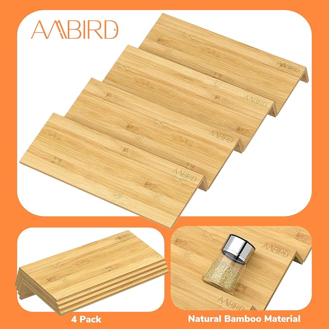 AMBIRD Bamboo Spice Drawer Organizer with Non-slip Mat, 4 Tier Jar Spice Rack Tray 13'',Seasoning Organizer for Kitchen,Cabinet,Drawers,Countertop - Image 5