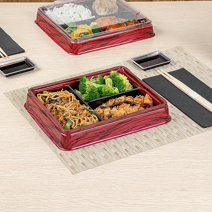 Restaurantware-Bento Tek 16.1 Ounce Meal Prep Containers, 100 Disposable To Go Food Boxes - Lids Sold Separately, 3 Compartments, Red And Black Plastic Bento Lunch Boxes, Freezable, For Take Out - Image 5