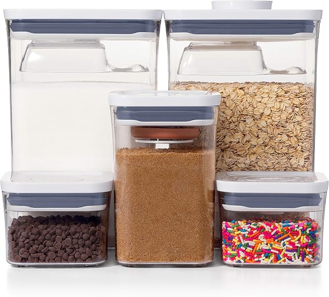OXO Good Grips 6 Piece Canister Set with Scoops + 8-Piece Baking Essentials POP Container Set, White - Image 5