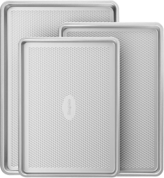 Naturally Non Toxic Baking Sheet Pan Set of 3, Heavy Duty Aluminized Steel Cookie Sheets, Half/Quarter/Jelly Roll Pans with Textured Nonstick Surface, Free of PTFE & PFOA by HONGBAKE