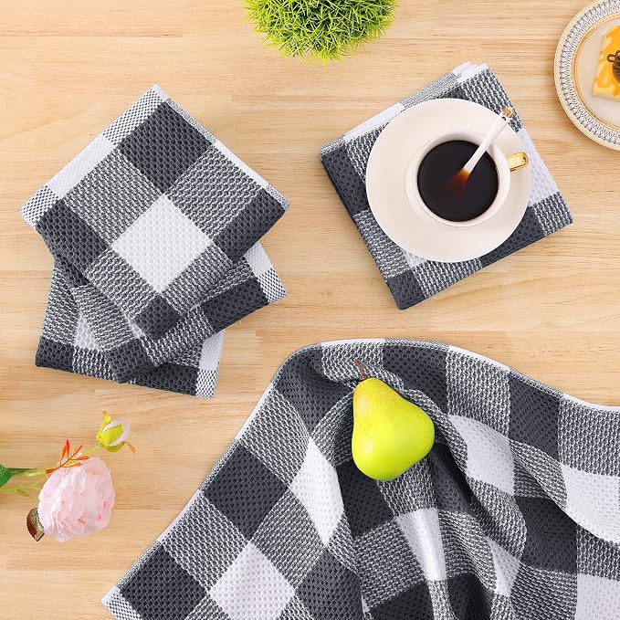 Homaxy Kitchen Towels and Dishcloths Set, Set of 8, White & Dark Grey | Bulk Cotton Waffle Weave Check Plaid Kitchen Towels, Super Soft and Absorbent Dish Cloths, 12 x 12 and 13 x 28 Inches - Image 7
