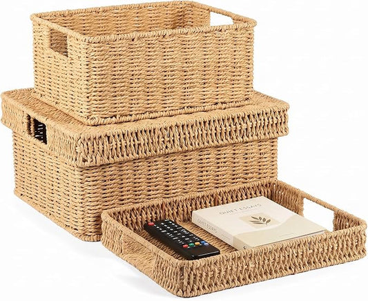 Wicker Storage Baskets with Lids for Shelves, 2-Basket Set, Natural | Two rectangular wicker baskets with removable lids, large and medium, for decorative shelf storage; lids flip into trays. by GANLUX