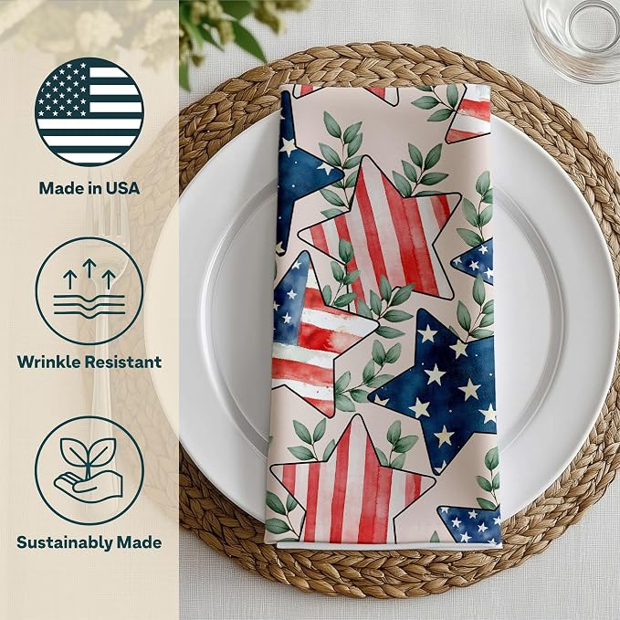 American Flag Stars Eucalyptus Cloth Napkins | Fourth of July Table Decorations | Absorbent, Washable, Reusable, Stain & Wrinkle Resistant | Made in America - 6pack - Image 3