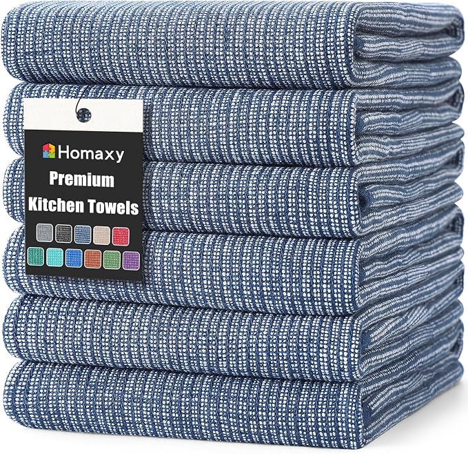 Homaxy 380 GSM Cotton Premium Kitchen Towels 6 Pack, 18"x 28", Navy Blue | Flat and Terry Dish Towels, Highly Absorbent Tea Towel Set with Hanging Loop, Soft Utility Kitchen Hand Towels by Homaxy