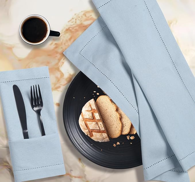 Bedding Craft Hemstitched Cotton Cloth Dinner Napkins Set of 12 – 18x18 Winter Sky Blue – Machine Washable Reusable Fabric Napkins for Weddings, Parties & Everyday Dining - Image 9