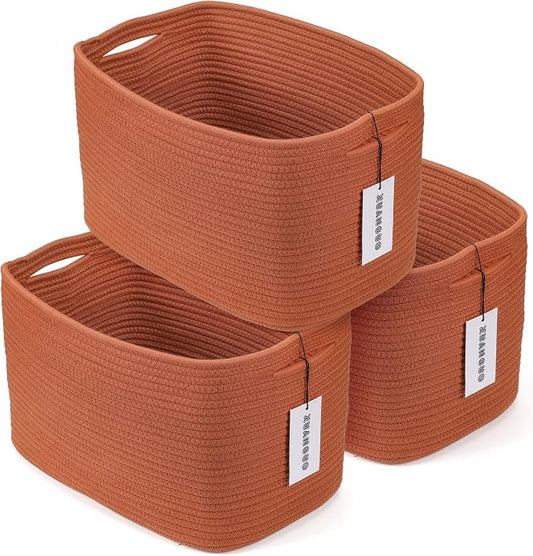 XUANGUO Woven Cotton Rope Storage Baskets 15x10x9.3" 3 Pack Rust | Decorative rectangular baskets for shelves and closets; storage bins help organize clothes, toys, books and nursery items. by XUANGUO