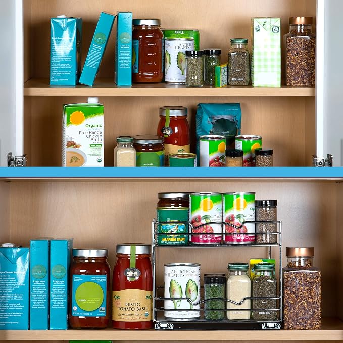 Pull-Out Cabinet Spice Rack Organizer 2-Tier, 10 ½"W x 10 ⅜"D x 8 ⅞"H | Slim Slide-Out Storage for Spices, Bottles & Jars, Premium Heavy-Duty Steel, Easy Install for Narrow Kitchen Cabinets, Chrome - Image 9