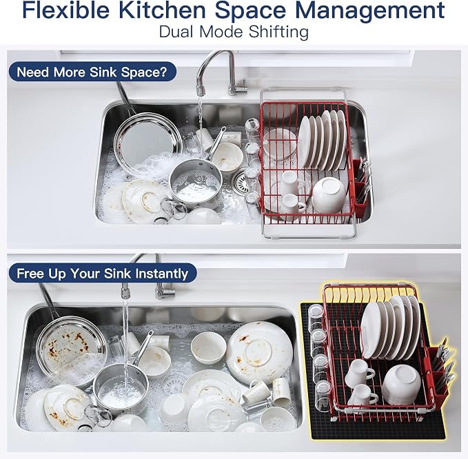 JASIWAY Red Dish Drying Rack in Sink with Mat, Cups and Utensil Holder | Use Over the Sink or Counter, Stainless Steel Expandable Dish Drainer for Small Kitchen, Space Saving, Fast Drain, Rustproof - Image 4