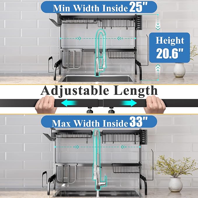 Over The Sink Dish Drying Rack, Adjustable 25.5-33.5 in, 2-Tier, Black | All-in-One Large Capacity, Snap-On Design for Flexible Use, Strong Metal Frame, Non-Slip Feet, Fits Sinks Up to 33" W - Image 3