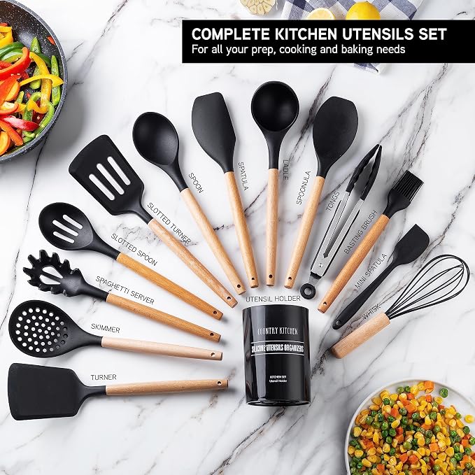 Country Kitchen Non Stick Silicone Utensil Set with Rounded Wood Handles for Cooking and Baking, 14 Piece Set, Black - Image 2