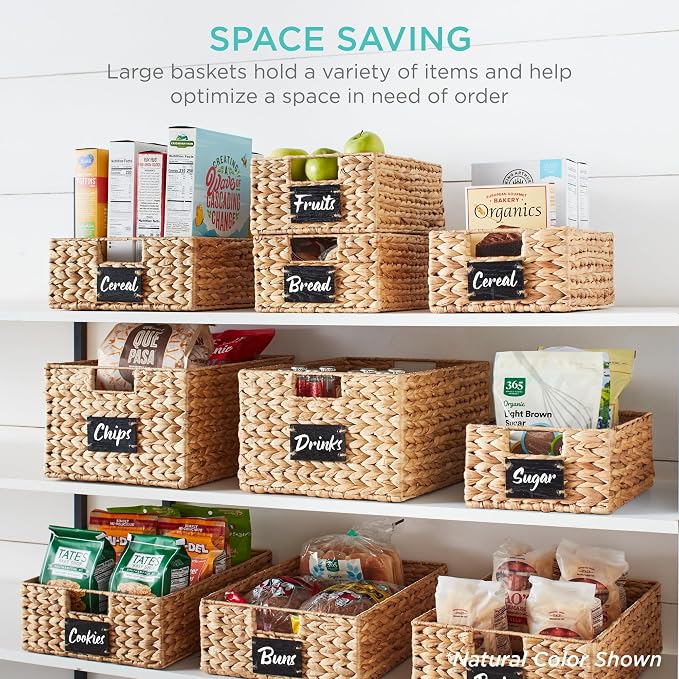 Best Choice Products Pantry Baskets Set of 2 16x12in Water Hyacinth Storage Baskets, Woven Wicker Kitchen Organizers with handles w/Chalkboard Label Chalk Marker - Gray - Image 4