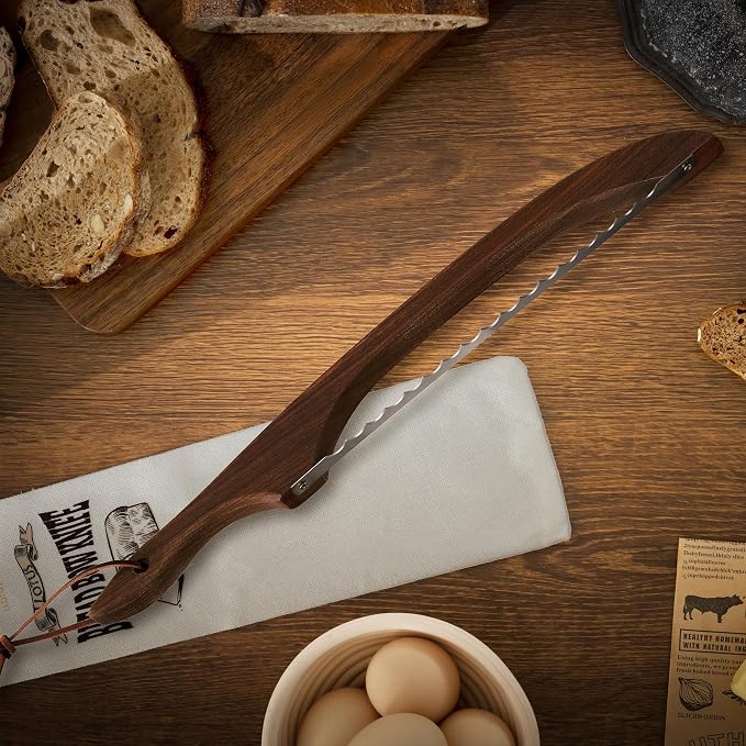 Bread Knife Package Slicer for Sourdough Bread, 16.5" Premium Wooden Bow Design, Premium Stainless Steel Serrated Saw, Cutter for cutting Loaf, Sandwich, Bagels, Homemade Bread & more - Black Walnut - Image 6