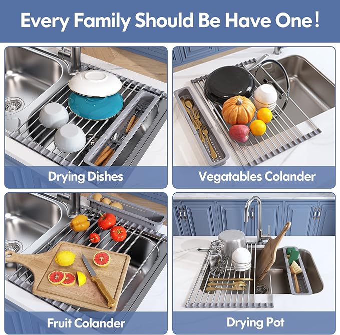 JASIWAY Roll Up Dish Drying Rack for Kitchen Sink with Utensil Holder | Foldable Expandable Stainless Steel Over Sink Dish Drainer, Silicone Wrapped, Multipurpose Portable Sink Drying Mat, Gray - Image 6