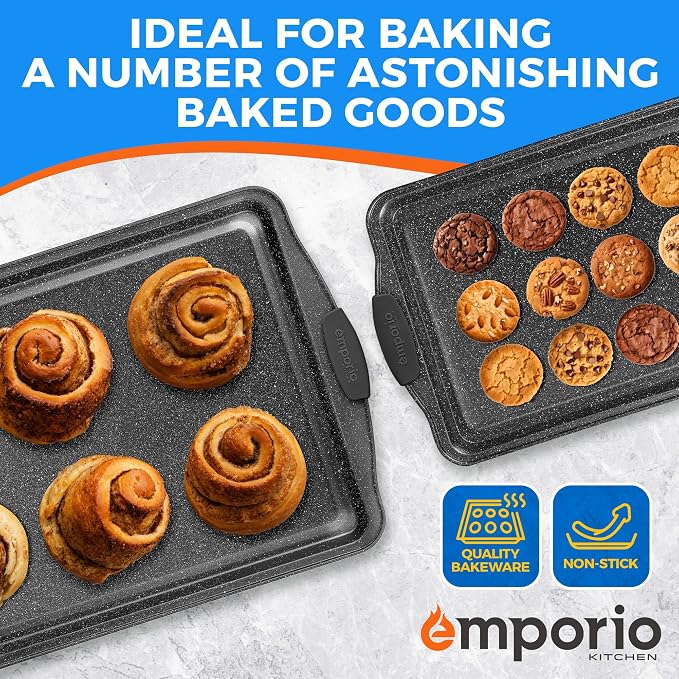Emporio Kitchen Baking Pan Set - Nonstick Coating, Carbon Steel Bakeware Sets with Gray Silicone Handles, PFOA, PFOS, PTFE Free, Recipe Booklet Included, Oven Safe Tray (Up To 450° F), Set of 3 - Gray - Image 7