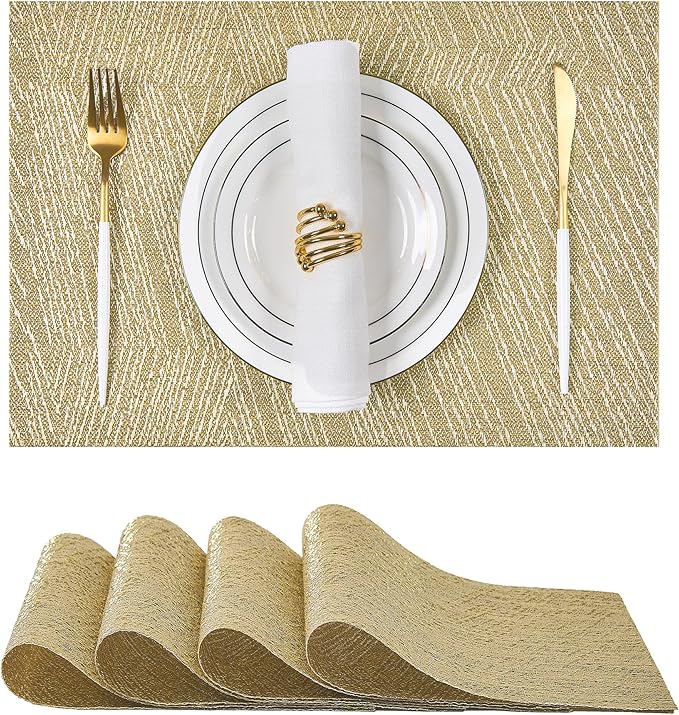 Leetaltree Gold Placemats Set of 4 - Heat Resistant Non-Slip Place mats for Dining Table, Washable Durable PVC Vinyl Woven Table Mats(Luxury Gold, 4) by Leetaltree-ArtatEveryTable