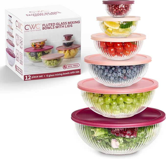 COOK WITH COLOR 12 Pc Glass Mixing Bowl Set with Lids – Borosilicate Glass Nesting Bowls for Cooking, Baking and Meal Prep, Fluted Rose by CookwithColor