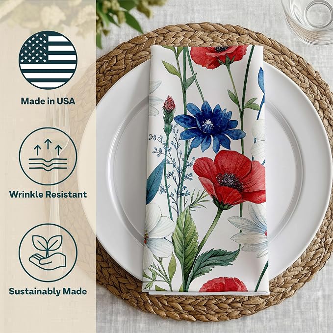 Fourth of July Cloth Napkins | Red White and Blue | Spring Floral Napkins | Patriotic Table Decorations | Absorbent, Washable, Reusable, Stain & Wrinkle Resistant | Made in America - 4pack - Image 3