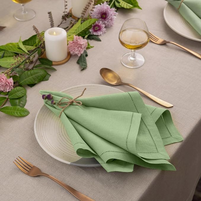 Signature Linen™ by D'Moksha Sage Green Dinner Napkins Set of 8, 20 x 20 Inch Cloth Napkins, 100% Pure Linen, Hemstitch, Machine Washable Table Napkins- Summer, Weddings, Outdoor hostings - Image 3