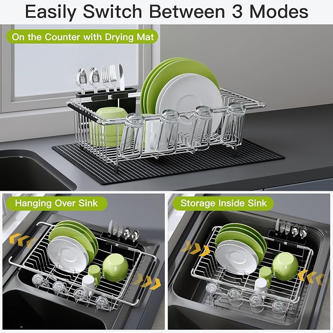 JASIWAY in Sink Dish Drying Rack with Mat, Cups and Utensil Holder | Use Over the Sink or Counter, Stainless Steel Expandable Dish Drainer for Small Kitchen, Space Saving, Fast Drain, Rustproof - Image 2