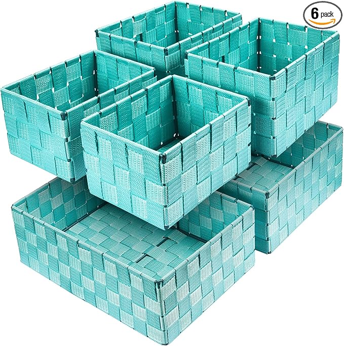 Storage Baskets with Lids: 6 Pack Stackable Woven Storage Bins, Aqua | Decorative Woven Baskets for Organizing with Built-In Handles for Shelves, Closets, Cabinets and Cubbies, Gift Small Basket by Uvellgift