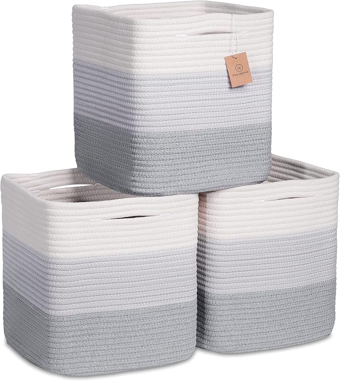 NaturalCozy Storage Cubes 11 Inch Cotton Rope Woven Baskets for Organizing, 3-Pack | Cube Storage Bin | Square Storage Baskets for Shelves Organizer, Classroom, Kids Toy Bins, Closet, Baby Nursery by NaturalCozy