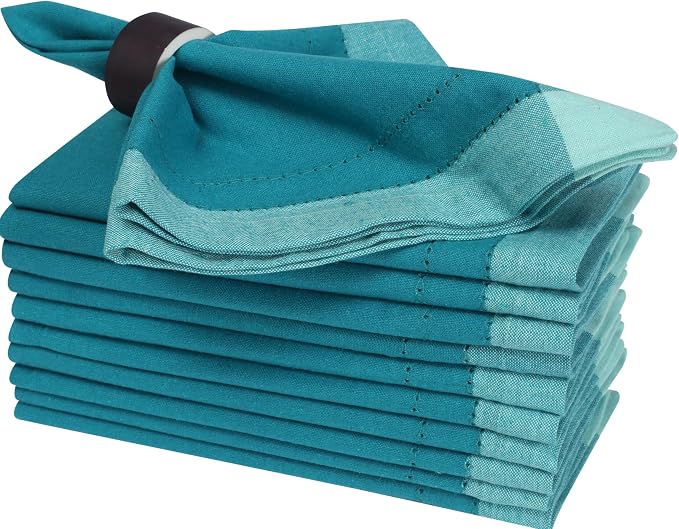 Bedding Craft Cotton Cloth Dinner Napkins Set of 12 – 20x20 Teal Multi Double Hemstitched – Machine Washable Reusable Fabric Napkins for Weddings & Dinner Tables by BeddingCraft